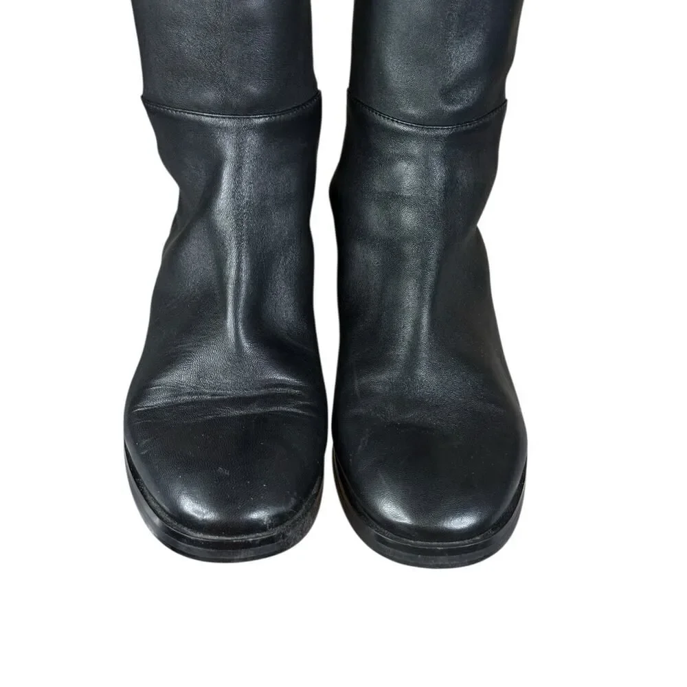 Stuart Weitzman Black Leather Stretch Riding Boots 8B Knee High SW Logo (defect)